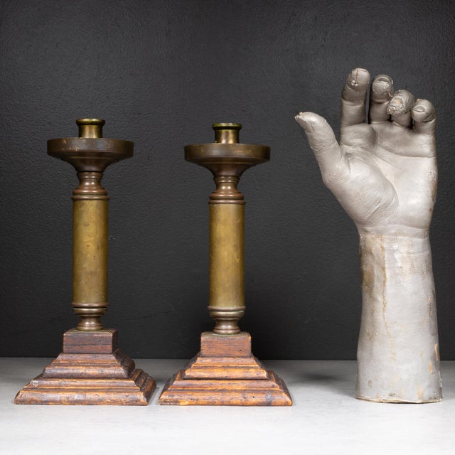 Brass Early 20th C. Brass Candlestick Holders c.1940 For Sale - Image 8 of 8