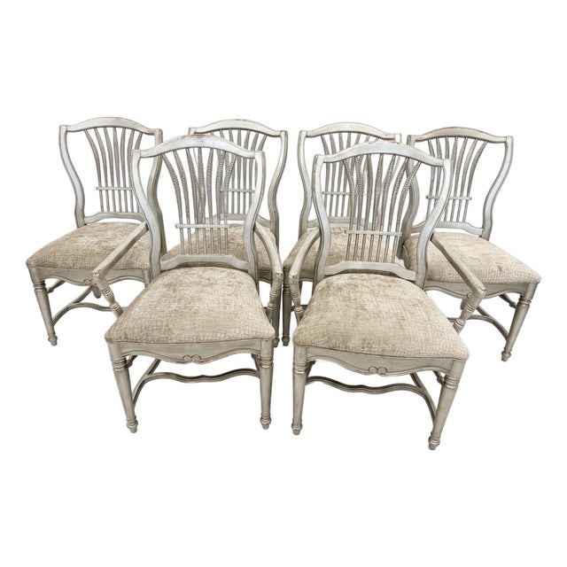 Set of 6 Habersham Silver Painted Wheat-Back Dining Chairs For Sale