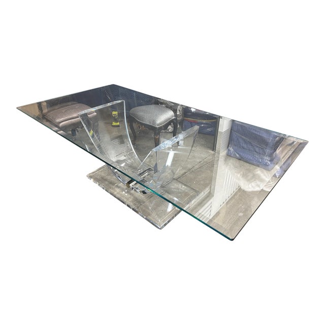 Vintage Postmodern Lucite Dining Table W/ 3/4" Beveled Glass Top For Sale