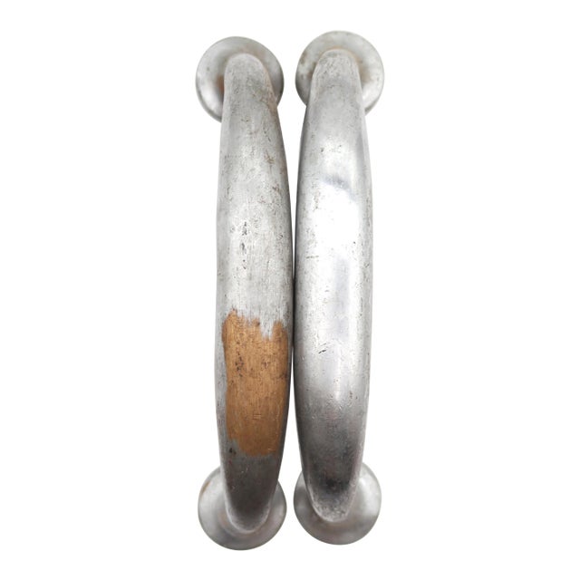 Pair of Reclaimed 6 In. Nickeled Brass Door Pull Handles For Sale