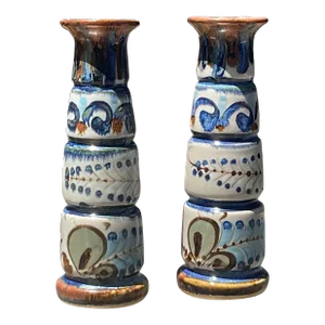 Large 1950s Tonala Candlestick Holders Signed by Ken Edwards- a Pair