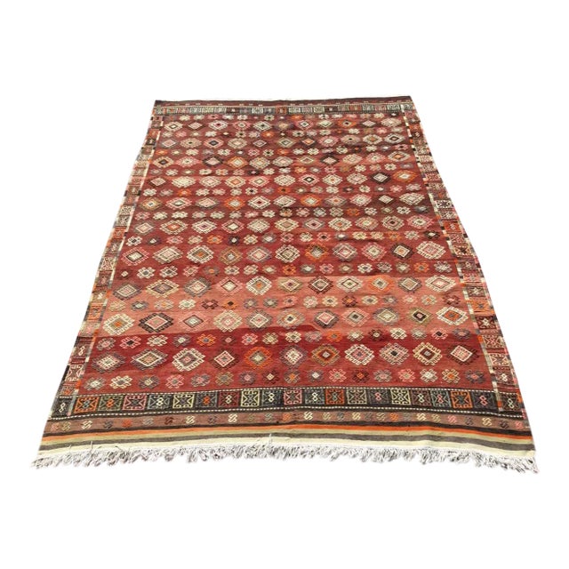 Red Vintage Rustic Turkish Kilim Rug - 76" X 110" For Sale