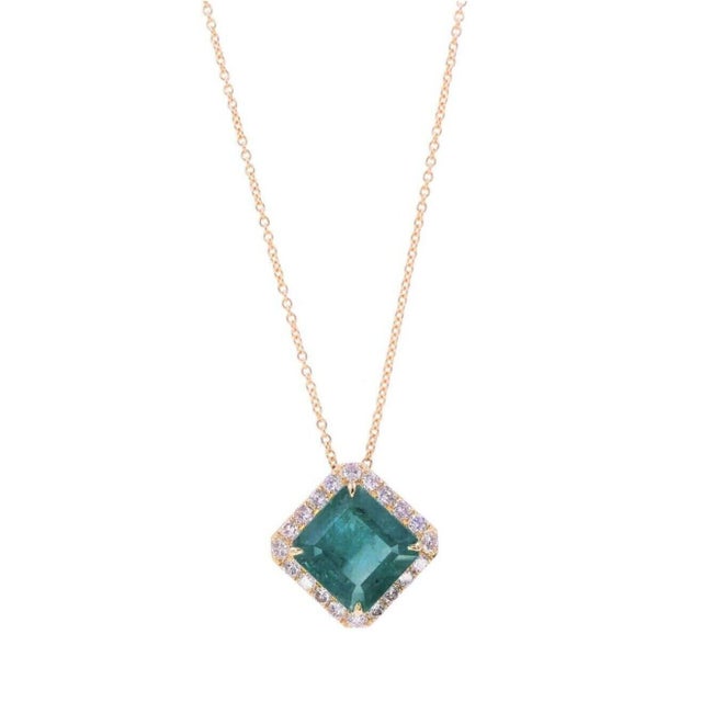 Square Emerald Cut Fancy Vivid Green Emerald Diamond Halo 18 Karat Yellow Gold Amulet Medallion Pendant Classic Unique...