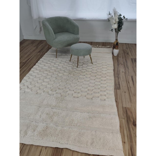 Moroccan Handwoven Ivory Checkerboard Wool Moroccan Beni Ourain Rug For Sale - Image 3 of 18