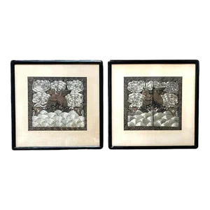 Late 19th Century Framed Chinese Qing Dynasty Embroidered Eighth Rank Badges - Set of 2