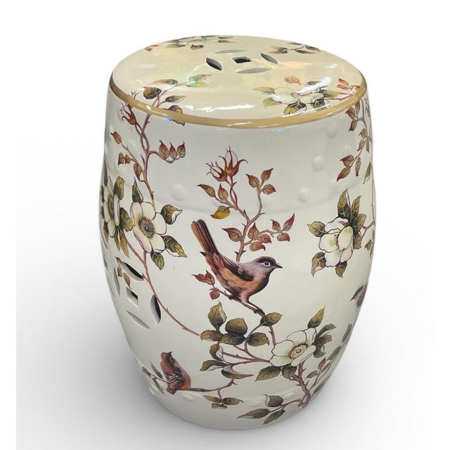 Chinoiserie Ceramic Garden Stool With Birds & Camellias For Sale In West Palm - Image 6 of 7