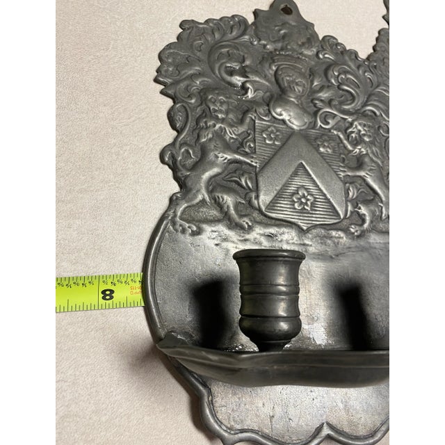 Dark Gray Pair of 1920s Pewter Candle Sconces With the Royal Coat of Arms For Sale - Image 8 of 11