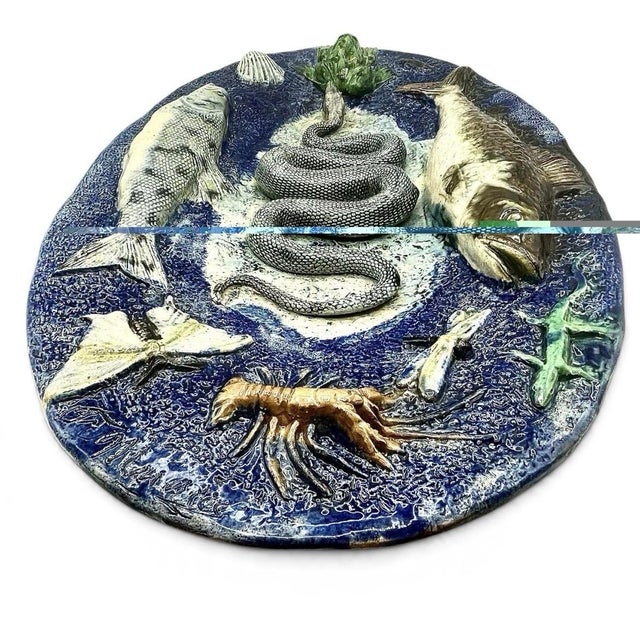 Antique François Maurice French Palissy Majolica Snake Fish Platter Plaque 1880 For Sale In Atlanta - Image 6 of 12