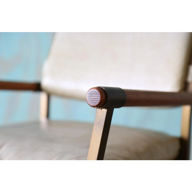 1970s Cal Style Director Chairs Oak Brass and Vinyl Set of 4 For Sale - Image 11 of 11