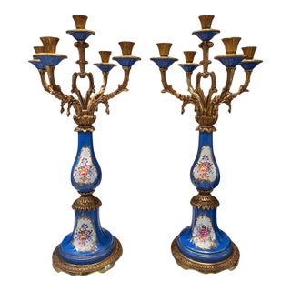 Pair of Vintage French Hand-Painted Cobalt Blue Porcelain & Gilt Metal Five-Light Candelabra For Sale