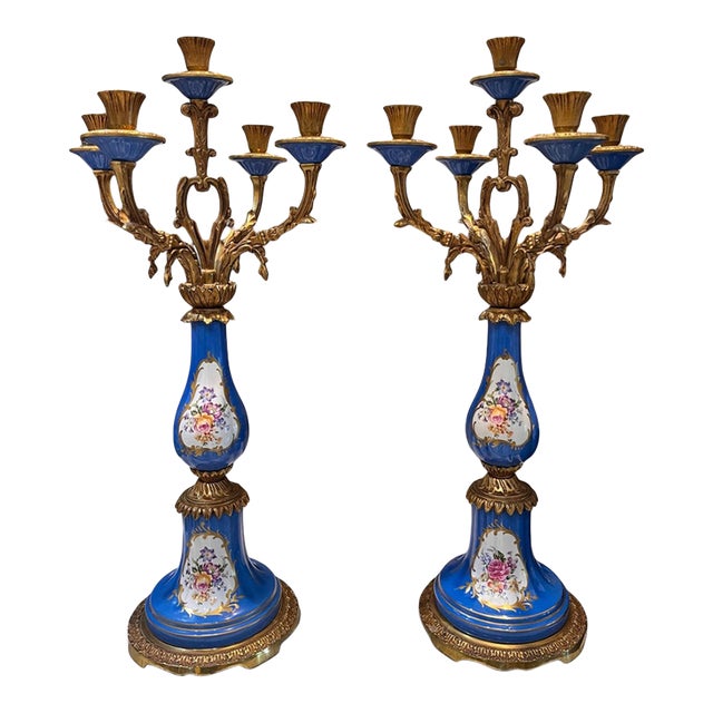 Pair of Vintage French Hand-Painted Cobalt Blue Porcelain & Gilt Metal Five-Light Candelabra For Sale