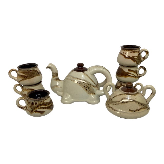 Vintage C. 1970s Handmade Stoneware Elephant Tea Set With Sugar Bowl, Brown and Cream Glaze - Set of 8 For Sale