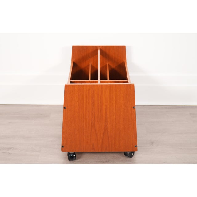 1970s Bruksbo Norwegian Teak Rolling Vinyl Record or Magazine Caddy For Sale - Image 6 of 12