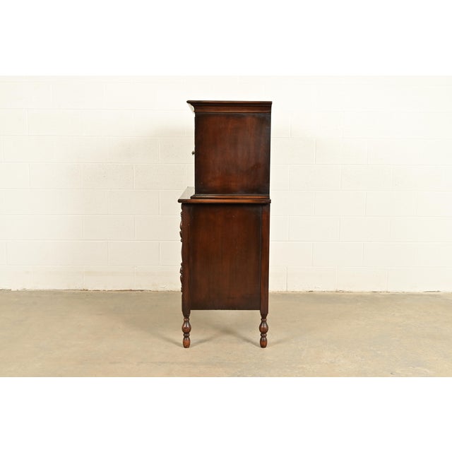 Berkey & Gay Style Antique English Jacobean Carved Walnut Highboy Dresser, Circa 1920s For Sale - Image 14 of 16