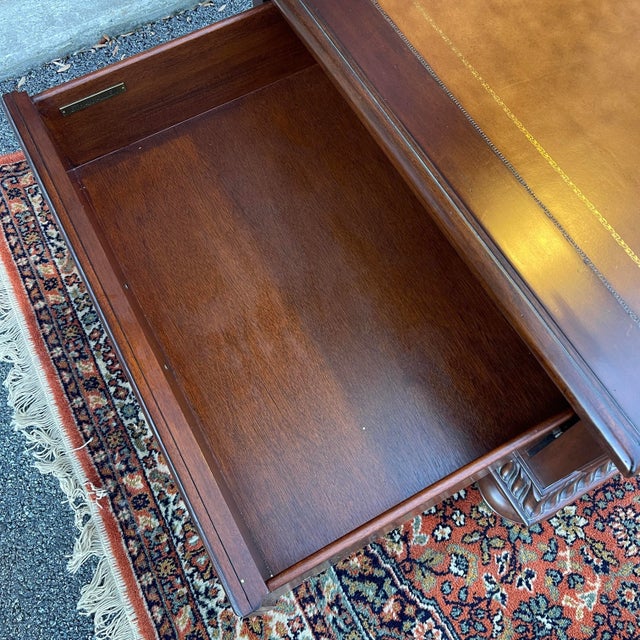 Wood Ethan Allen Townhouse Collection British Colonial Maple & Burlwood 2 Drawer Leather Top Coffee Table For Sale - Image 7 of 12