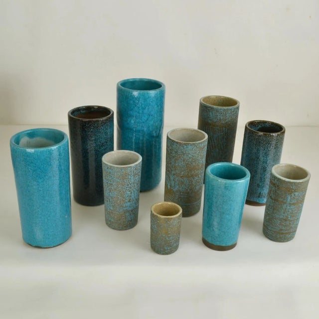 Blue Ceramic Cylinder Vases by Groeneveldt, Set of 10 For Sale - Image 3 of 14