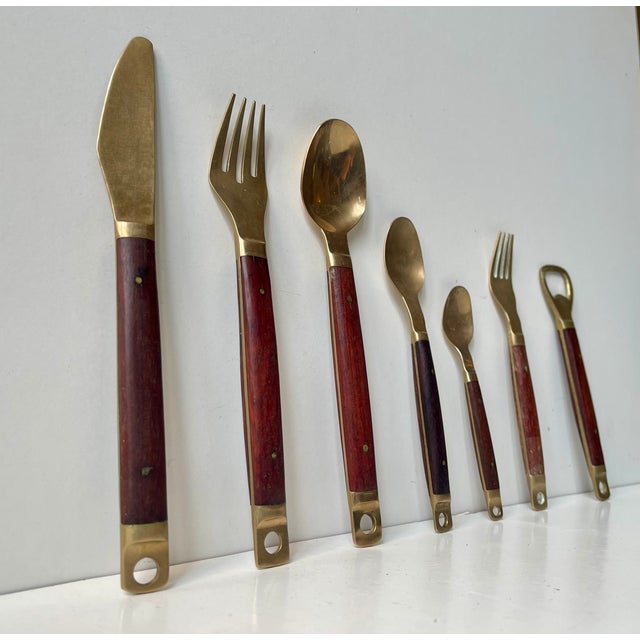 Wood Modern Danish Brass and Teak Cutlery from Carl Cohr, 1960s, Set of 48 For Sale - Image 7 of 13