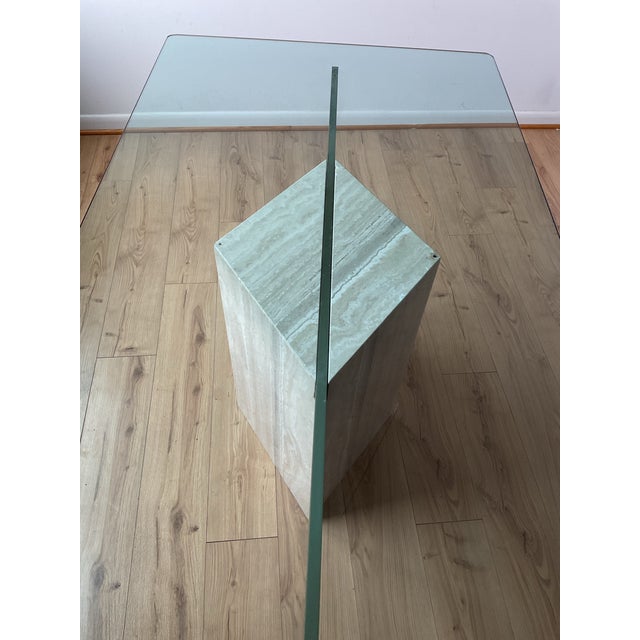 Angelo Mangiarotti Stellar Vintage Italian Travertine Single Diamond Base Glass Dining Table For Sale - Image 4 of 11