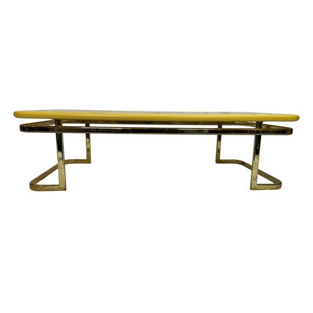 Lane Furniture 1970s Lane Furniture Lemon Yellow Lacquered Wood Coffee Table With Brass-Tone Metal Base For Sale - Image 4 of 13
