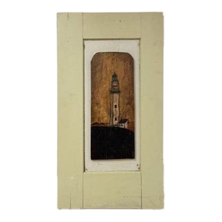 Vintage Painting Lighthouse Folk Art on Tan Wooden Frame Coastal Nautical For Sale