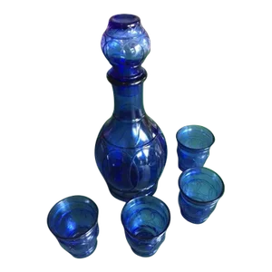 Early 20th Century Cobalt Blue Vintage Whiskey Set- 6 Pieces