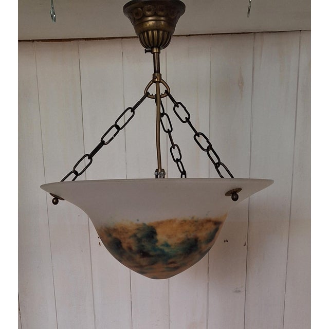 Vintage French Ceiling Lamp with Colored Crystal Glass Bowl on a Brass Mount, 1950s, in Very Good conditions. Designed...