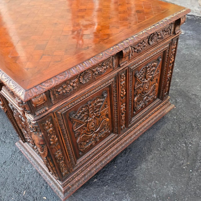 Antique Circa 1880 French Renaissance Revival Partner's Desk, Fully Carved on All Sides With Parquetry Top For Sale - Image 10 of 18