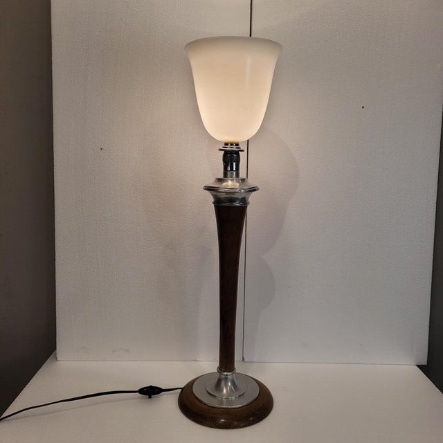 1920s Art Deco Table Lamp in Wood and Opaline Glass from MAZDA, France, 1920s For Sale - Image 5 of 18