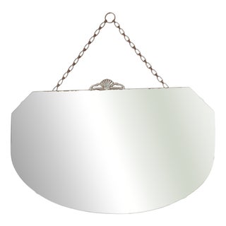 Art Deco Distressed Wall Mirror with Bevelled Frameless Edge and Chrome Shell Crest, 1930s For Sale