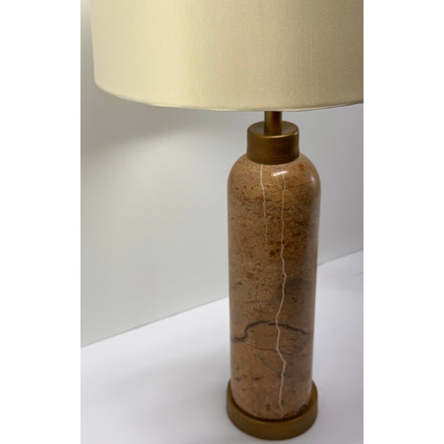 2020s Vintage Pink Marble Column Table Lamp With Brass Accents and Linen Shade For Sale - Image 5 of 5
