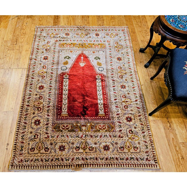 Late 19th Century Antique Turkish Silk Prayer Area Rug, Late 19th Century, Red & Gold, 4' x 6' For Sale - Image 5 of 16