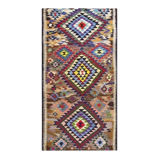 1940s Antique Geometric Turkish Kilim Rug Hand-Woven Wool 6'3" X12'2" Runner Rug For Sale