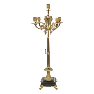 Large Antique Neoclassical Standing Candleholder in Brass and Marble, 1900s For Sale