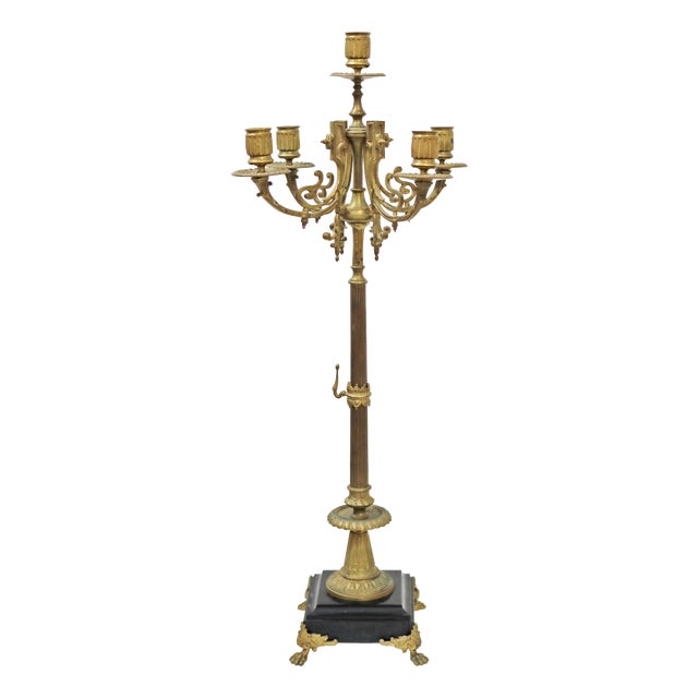 Large Antique Neoclassical Standing Candleholder in Brass and Marble, 1900s For Sale