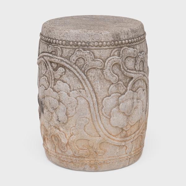 Contemporary Chinese Peony Limestone Drum Table For Sale - Image 3 of 6