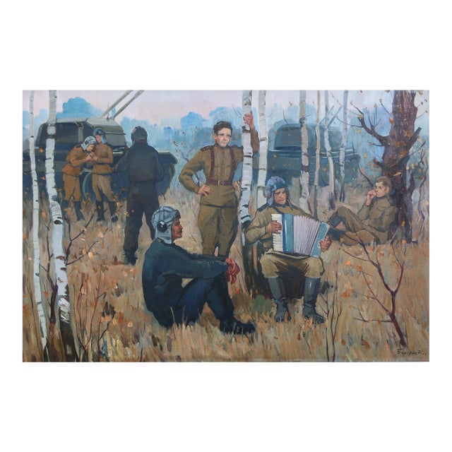 Original Soviet Art Oil Painting: Soldiers on Vacation, Ukrainian Artist 99-149.5 For Sale