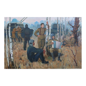 Original Soviet Art Oil Painting: Soldiers on Vacation, Ukrainian Artist 99-149.5