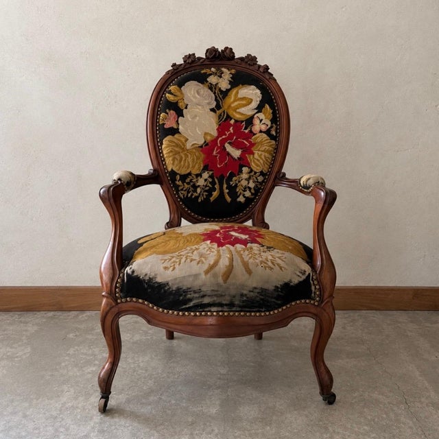 Wood Louis XV Armchair with Floral Tapestry For Sale - Image 7 of 7