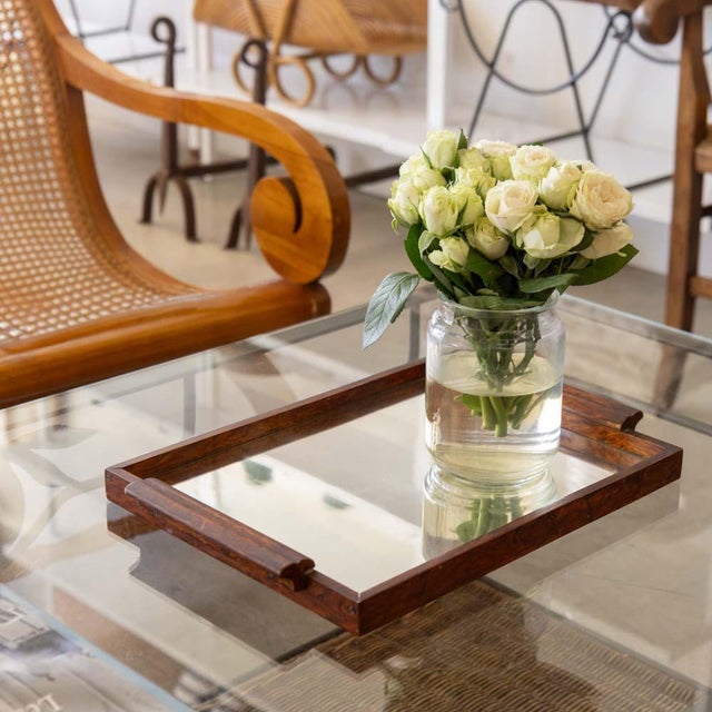 Art Deco decorative mirror tray from France, 1930s. Rectangular painted burl wood tray with two handles and original...