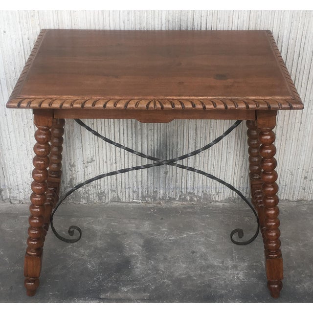 Farmhouse 19th Century Spanish Farm Table with Iron Stretchers, Hand Carved Top and Drawer For Sale - Image 3 of 18