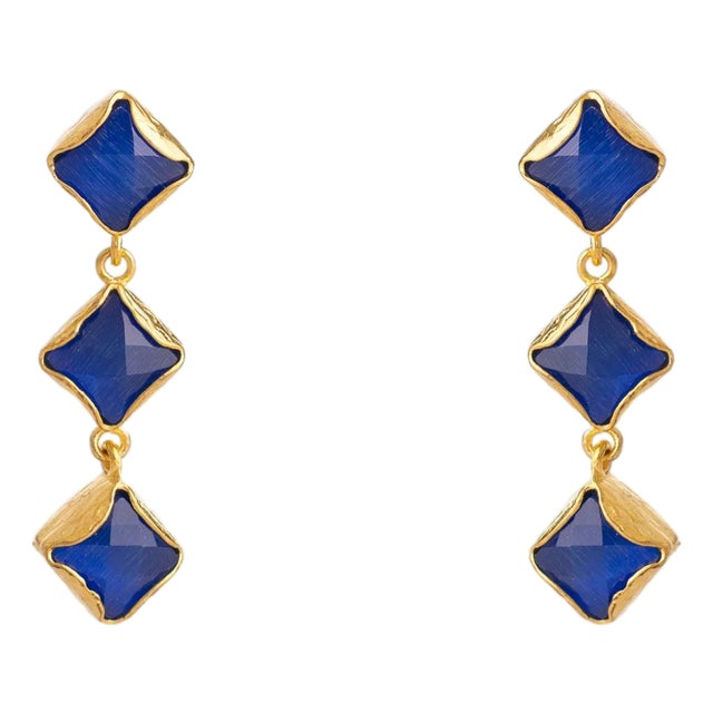 Midnight Blue Cat Eye Gold Earrings, A Pair For Sale