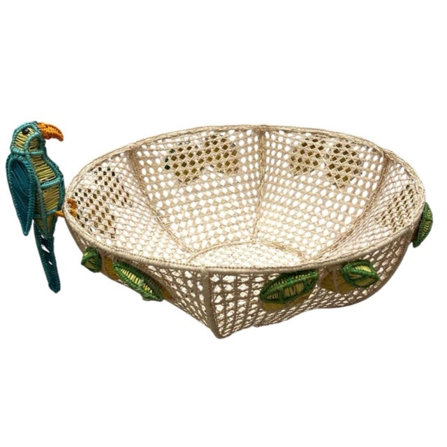 Vintage Tropical Raffia & Cane Fruit Bowl With Perched Parrot & Lemon Accents For Sale - Image 4 of 12