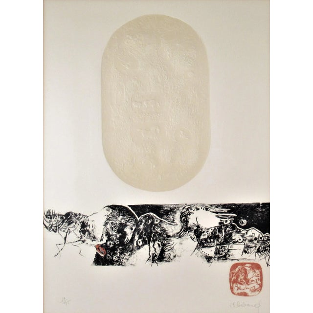 This artwork "titled "Horses #III" 1974 is an original color lithograph, with embossing by French/Vietnamese artist Hoi...