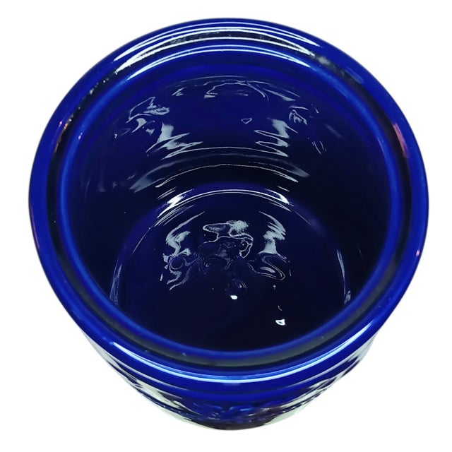Set of Three (3) Vintage Cobalt Blue Ceramic Canisters Raised Fruit Grape Design For Sale - Image 4 of 14
