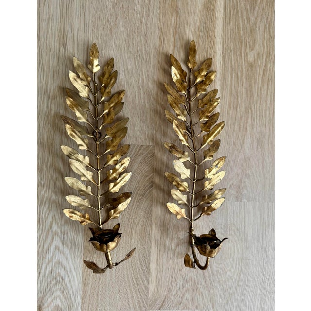 Vintage Italian Gilt Tole Oak Leaf Wall Candle Sconces, Pair For Sale - Image 4 of 5