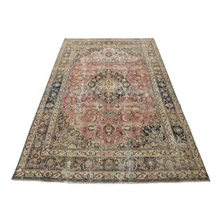 Mashad Rug 8’2” X 11’2” Pink Wool Vintage Distressed Hand-Knotted Carpet For Sale