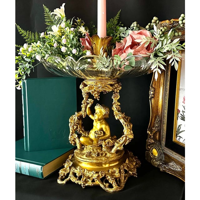 Metal Antique Baroque Brass Putti Cherub Bowl Flower Candle Holder Vase Rocco Italian For Sale - Image 7 of 13