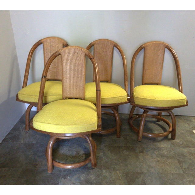 Wood Organic Modern Rattan Dining Set With Four Swivel Chairs and Glass Top Table For Sale - Image 7 of 14