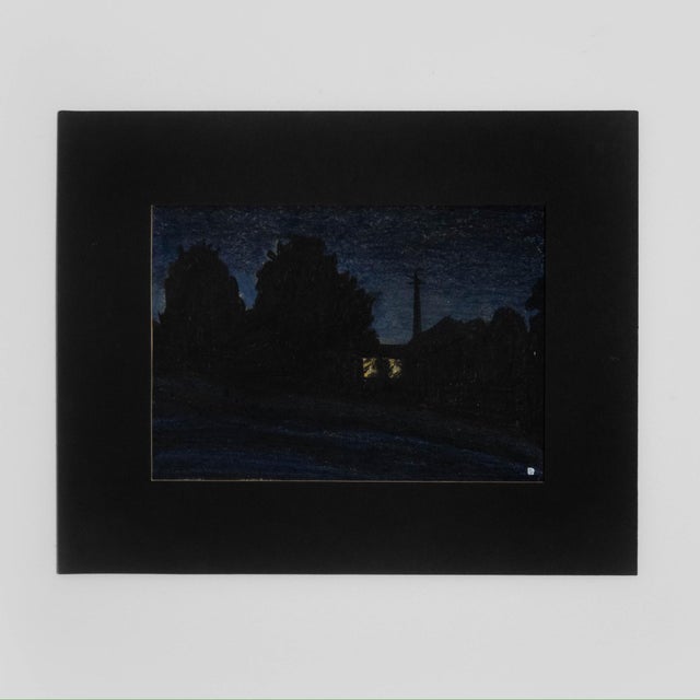 This pastel drawing by John Davies depicts a nighttime landscape where the dark silhouettes of trees and a house blend...