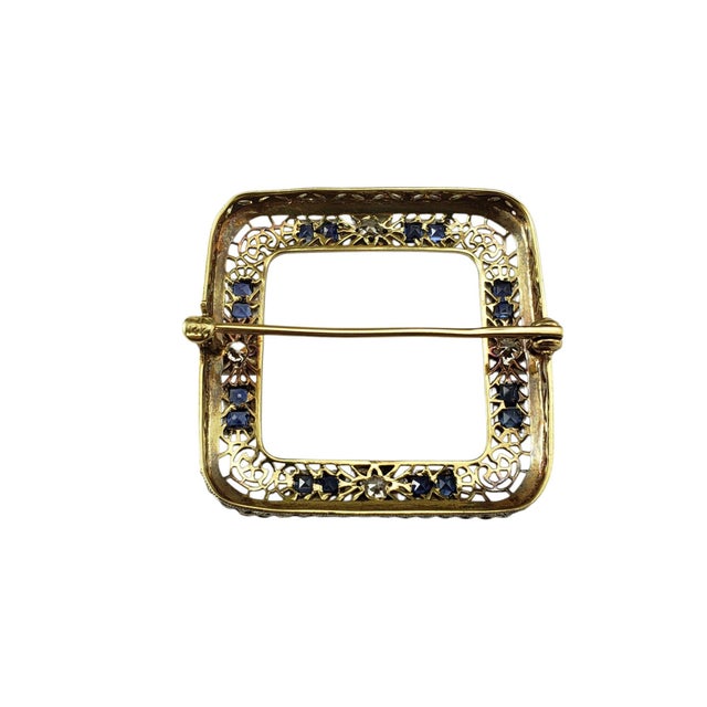Mid 20th Century Mid 20th Century 14k Rhodium Finish Yellow Gold Sapphire and Diamond Filigree Brooch For Sale - Image 5 of 8